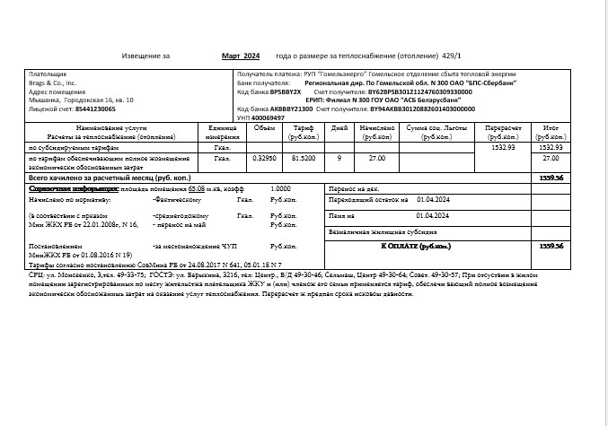 Belarus Gomel energo business utility bill template in .doc and .pdf format, fully editable PSD template
